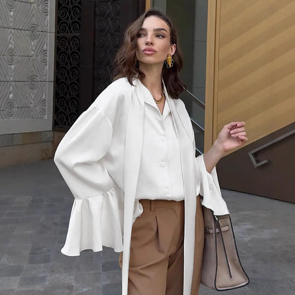 European and American ruffle edge satin top women's 2025 spring court style beige streamer shirt medium and long  women's clothing