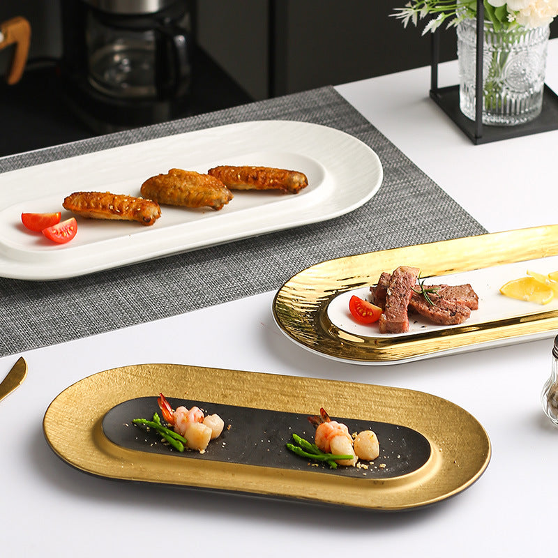 Nordic creative electroplated embossed dinnerware ceramic long plate sushi plate western pastry dessert oval serving tray