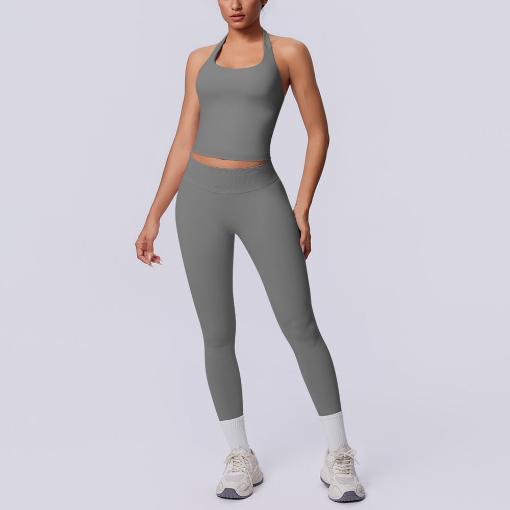 New arrival cross-border seamless pure color halter back tight-fitting suit sports running fitness yoga clothes two-piece set