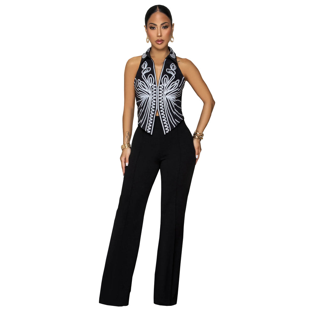 C7452 cross-border   fashion women's elegant printed top and pants two-piece set