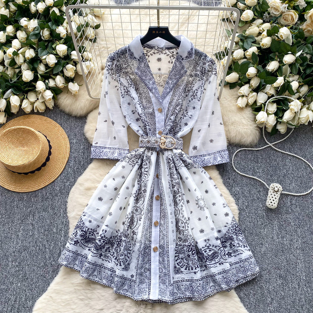 Frenchretrofashionable suit collar half length sleeves strap waist printingdress women's summer slimming look single-breasted short skirt
