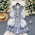 Frenchretrofashionable suit collar half length sleeves strap waist printingdress women's summer slimming look single-breasted short skirt