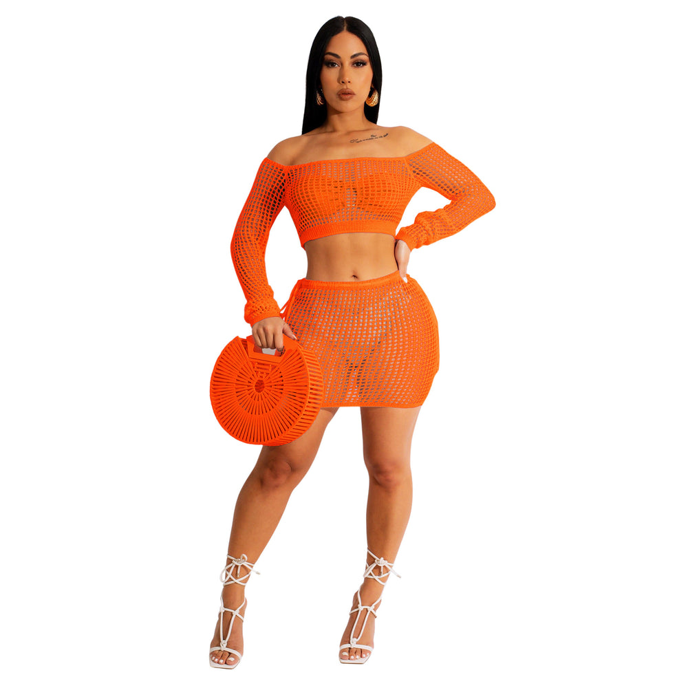e-commerce  hot-selling european and american women's summer knitted hollow-out strappy beach outfit short skirt set