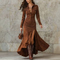 Autumn/winter coffee brown slim-fit long sleeve shirt and slit ruffle hem midi skirt retro western two-piece set