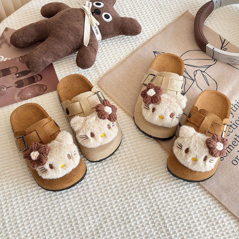 Kids female retro cat birkenstock slippers outwear2025 spring autum cartoon cute plaid girl baotou new arrival