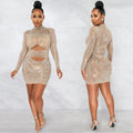 X5572   fashion sexy nightclub rhinestone mesh see-through long sleeve hollow-out midi dress