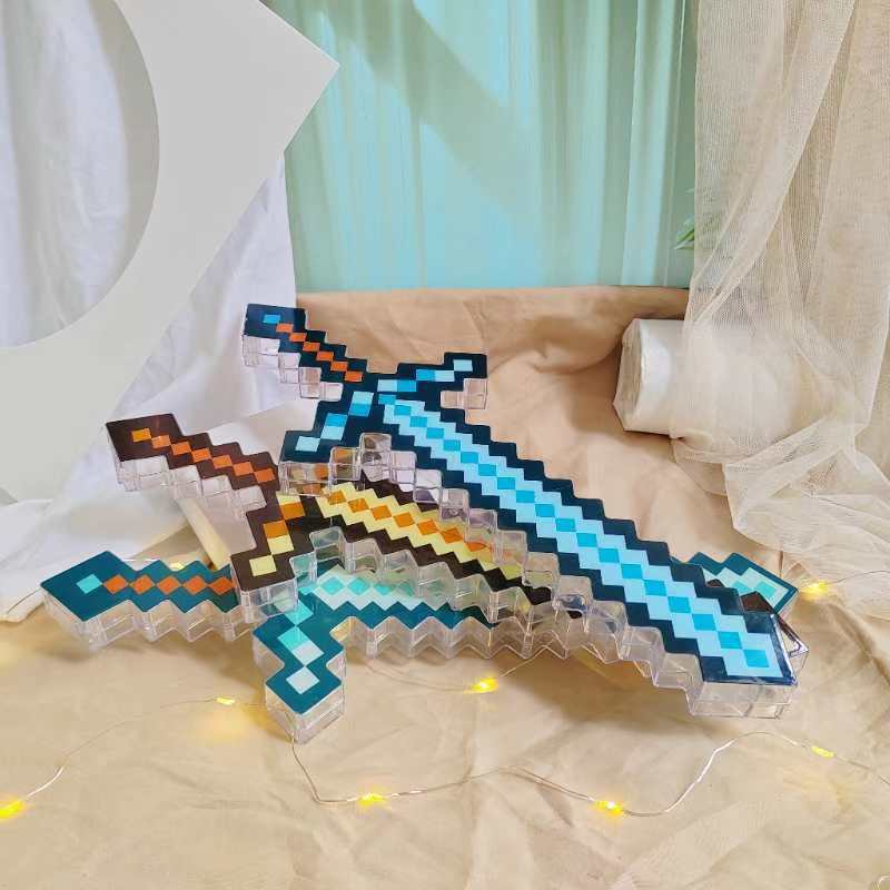 My minecraft diamond sword and pickaxe toy weapon, minecraft game mini world mosaic glowing sword, crystal sword