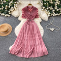 French chic blazer-style short sleeve dress - women's slim-fit pleated maxi dress for work and everyday elegance