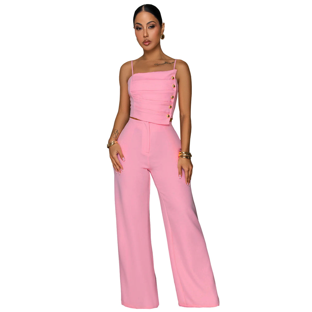 C7739 cross-border  new women's solid color ruched metal buckle cami top and wide-leg pants two-piece set