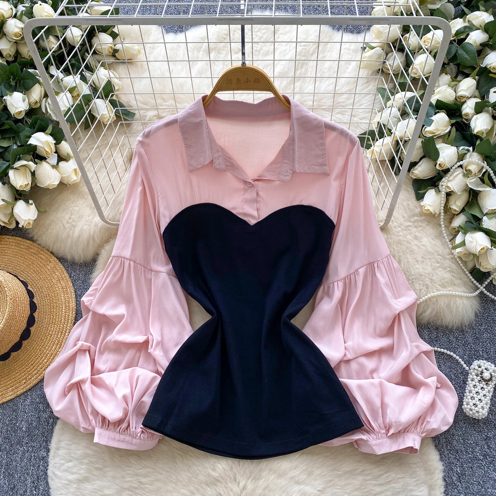 French-inspired, faux two-piece top for women, perfect for autumn. features a soft, feminine style with pleated lantern sleeves and a flattering, slim-fit design. a trendy and chic blouse