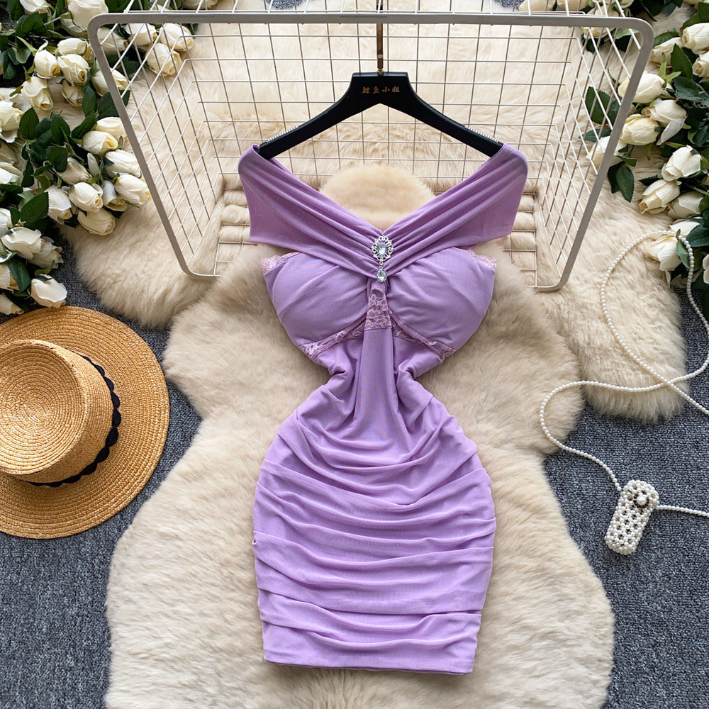 Spicy girl style purple sexy off-the-shoulder mini dress - women's summer slim fit bodycon high waist a-line skirt