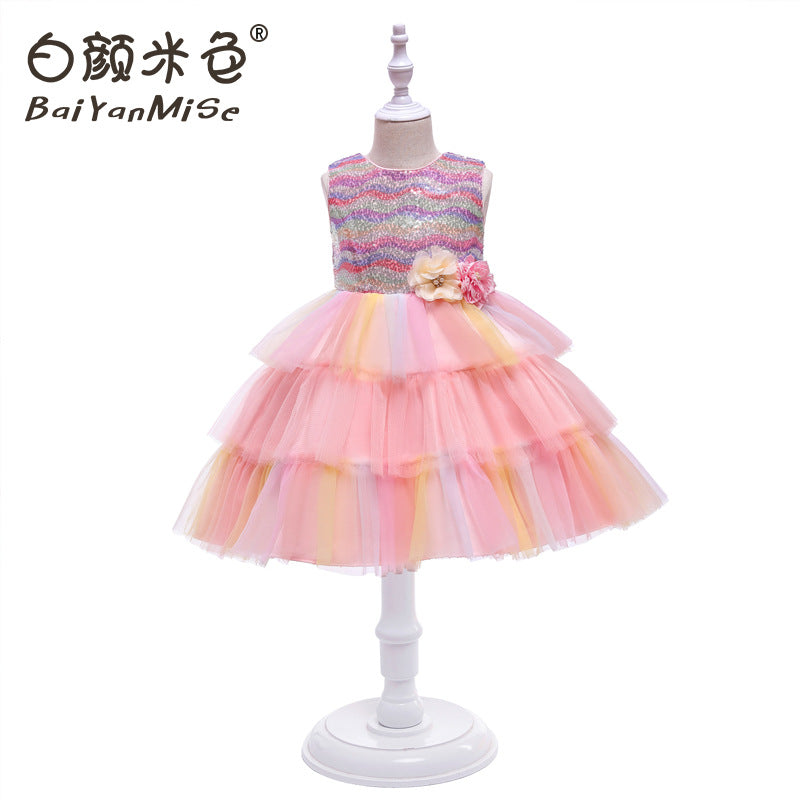 children's clothing: rainbow tulle cake skirt, kids' formal dress, princess dress, girls' dress, piano recital costume