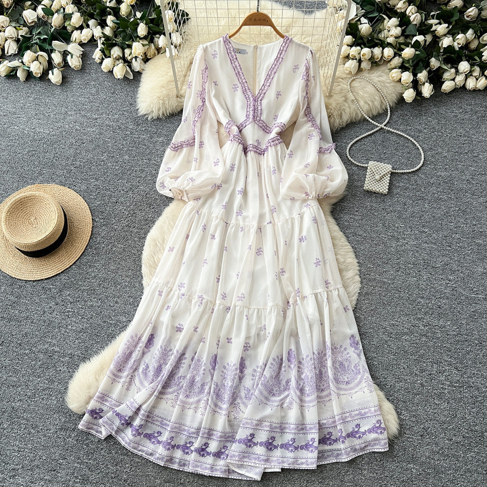 French chic floral slim-fit dress - women's long sleeve v-neck high waist a-line romantique pink plus size maxi dress