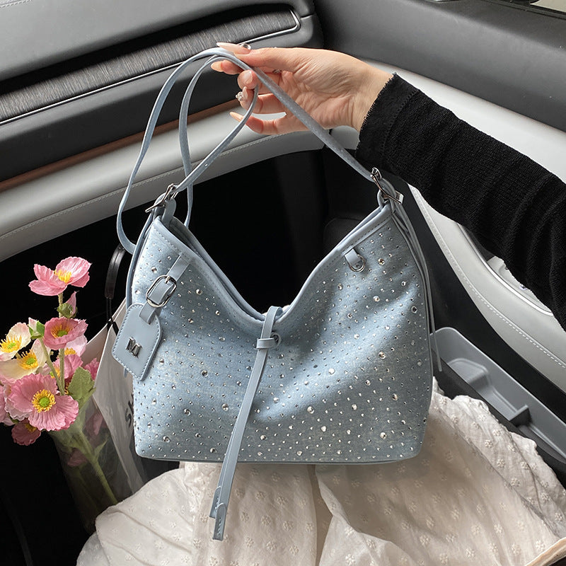 Cross-border explosion 2025 denim hot diamond simple and fashionable high-end texture foreign gas tote bag large-capacity student backpack