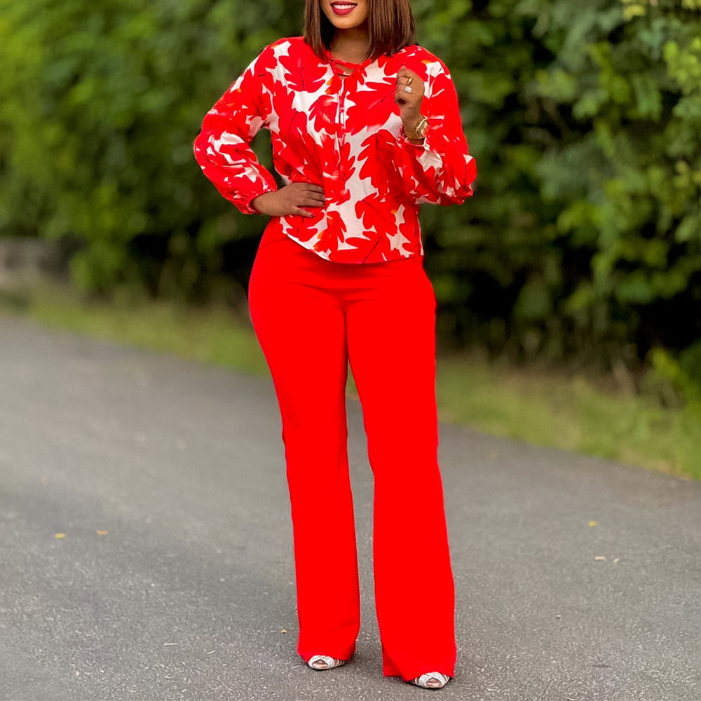D3289 european and american style women's clothing  new ol fashion printed long sleeve top and wide leg pants two-piece set african outfit