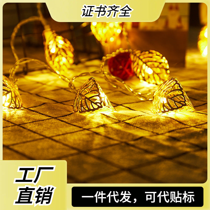 Cross-border new products led wrought iron gold leaf light string hollow gold leaf string light Christmas light decorative lights flashing lights