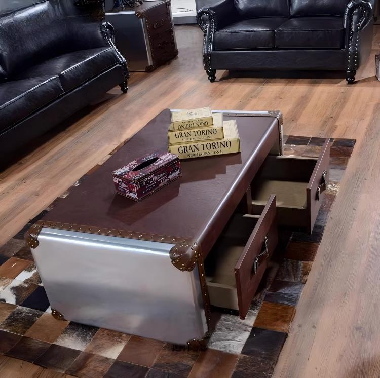 American retro coffee table and side table set - metal aluminum, genuine leather, industrial style for office, cafe, or cigar shop