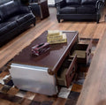 American retro coffee table and side table set - metal aluminum, genuine leather, industrial style for office, cafe, or cigar shop