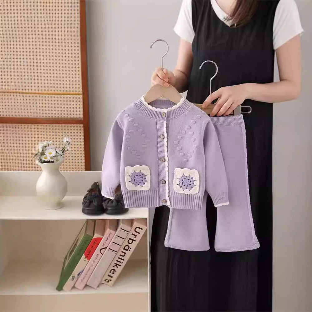 Girls' knit sweater jacket & pants set - new autumn/winter  collection with handmade floral accents
