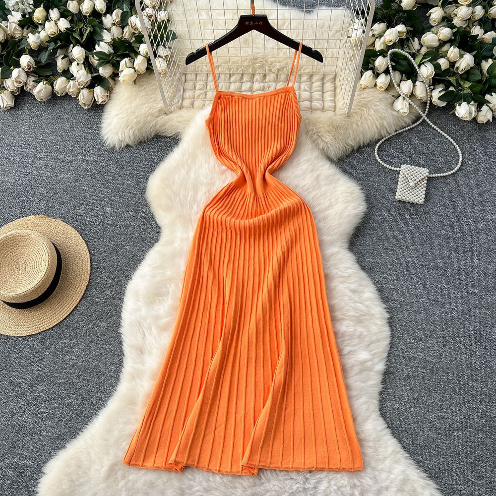 Women's summer dress  new arrival: elegant and chic spaghetti strap knit dress with vertical stripes - slimming, waist-defining, and perfect for layering
