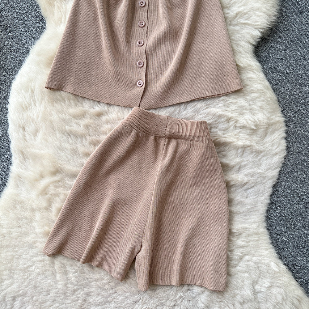 Simple commute style slim-fit elegant two-piece set for women - summer v-neck button-up vest and shorts outfit