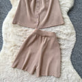 Simple commute style slim-fit elegant two-piece set for women - summer v-neck button-up vest and shorts outfit