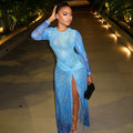 Fashion style cross-border outing work clothing women's slit color matching hip skirt round neck long sleeves popular silmdress trendy