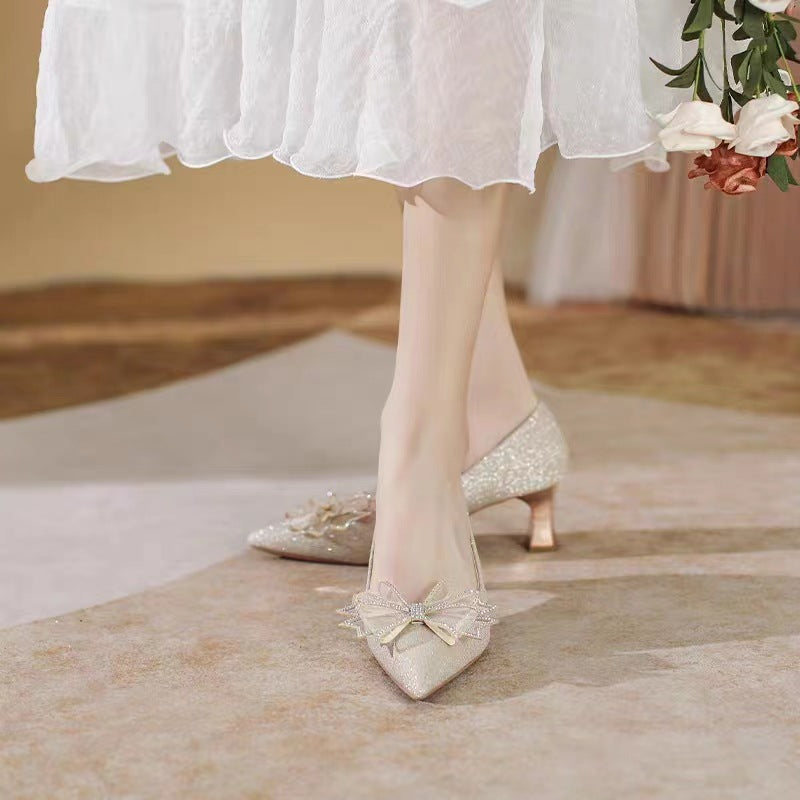 Wedding shoes for women, he xiu wedding dress, two-wear champagne color bridesmaid shoes, french thick-heeled high heels that can be worn on a daily basis
