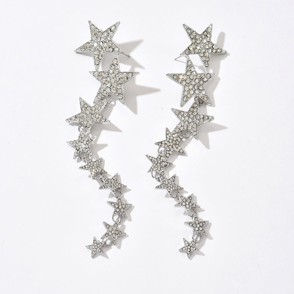 European and american fairy star long tassel earrings - unique, elegant, high-end, full diamond five-pointed star multi-layer dangle earrings jewelry