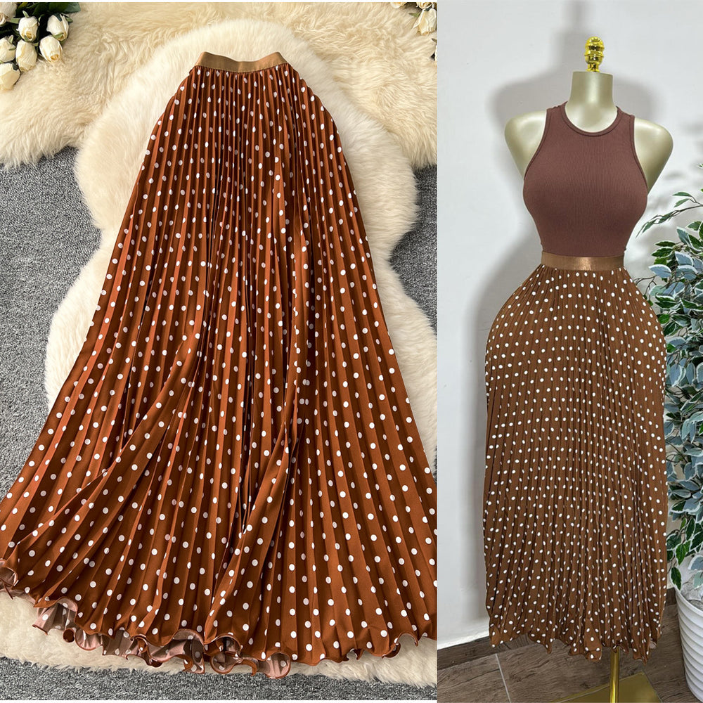 K-style polka dot pleated elegance skirt women's high waistslimming looka-line long skirtwork clothingeasiest for matchpatchworkelegant skirt