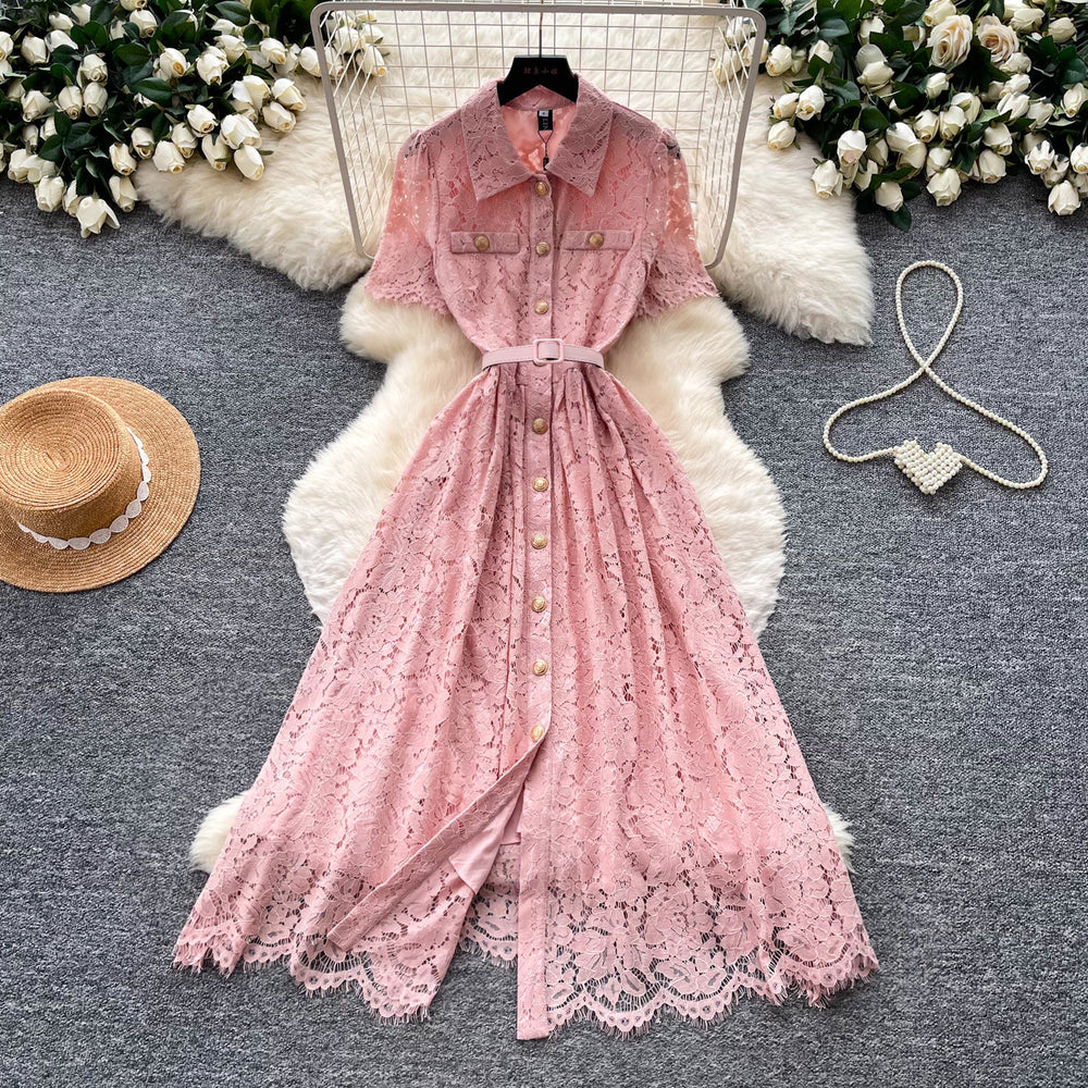 French chic pink lace dress for women, 2026 summer collection: short sleeve, turn-down collar, cinched waist, a-line silhouette - effortless elegance