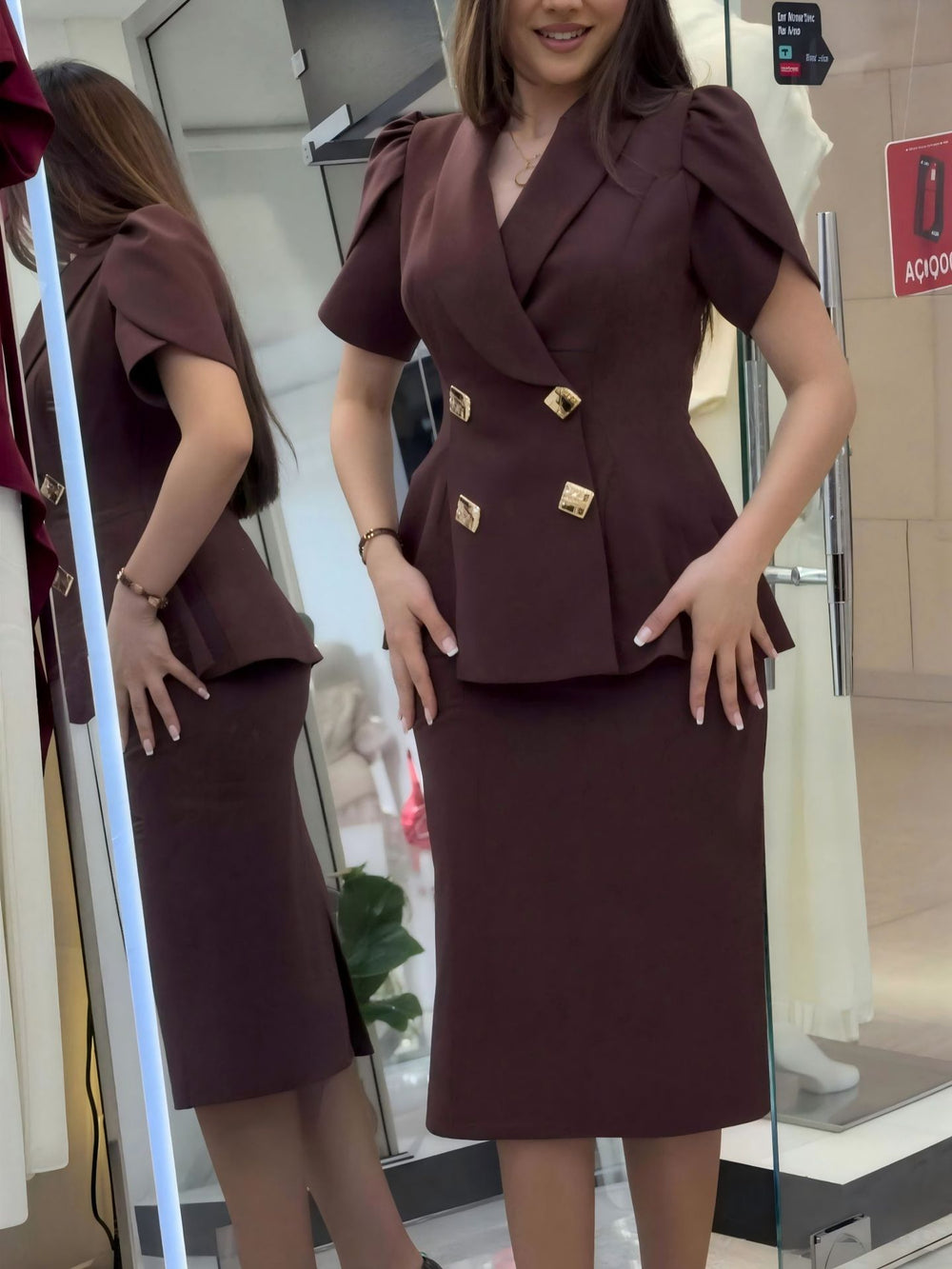 New arrivalwork clothing lapel double breasted tops high waisteasiest for match brown hip skirtsuit two-piece set