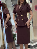 New arrivalwork clothing lapel double breasted tops high waisteasiest for match brown hip skirtsuit two-piece set