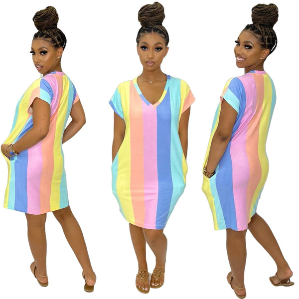 S390132 Cross-border European and American women's clothing casual color striped printed pullover short-sleeved temperament commuter dress