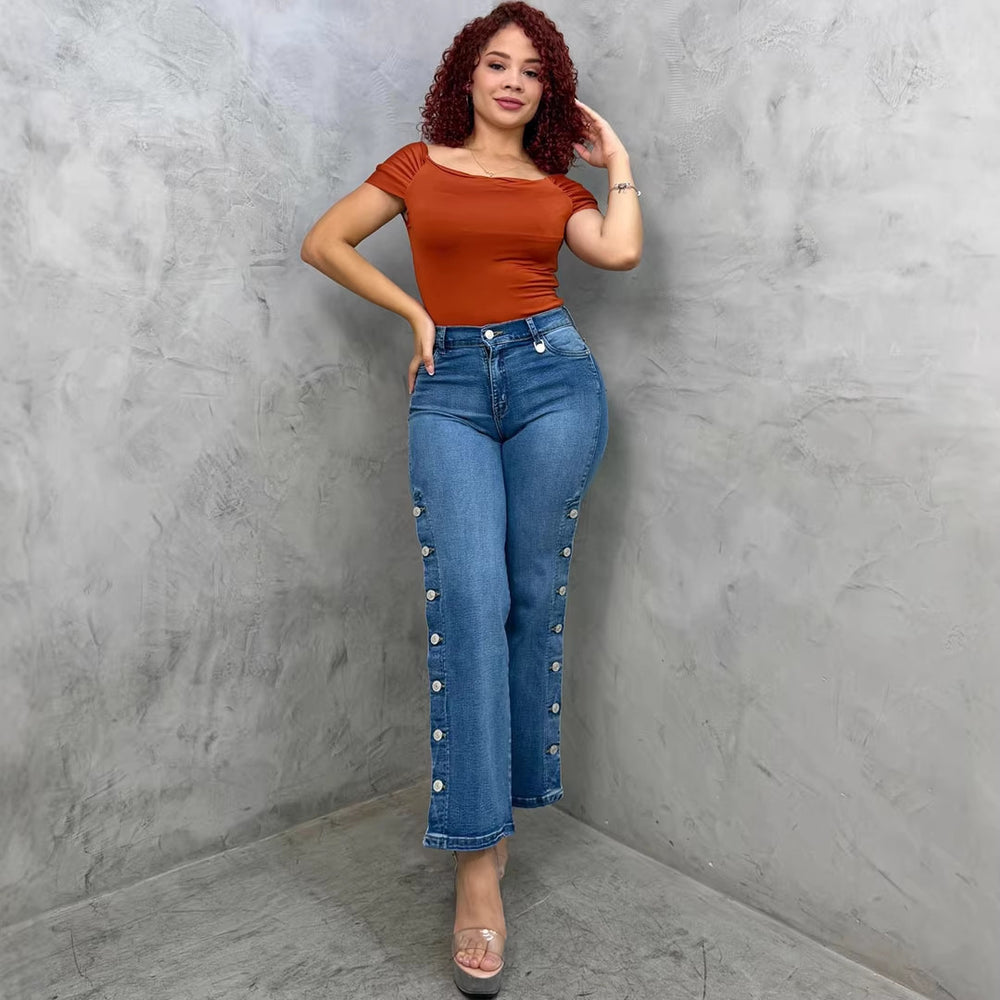 European and american style micro-flared jeans  cross-border women's clothing street fashion side-breasted washed high waist casual pants