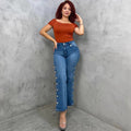 European and american style micro-flared jeans  cross-border women's clothing street fashion side-breasted washed high waist casual pants