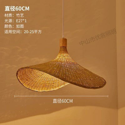 Cross-border Bamboo Chandelier New Chinese Tea Room Rattan Art South East Asia Japanese Lighting Straw Hat Light Tea House Antique Lampshade