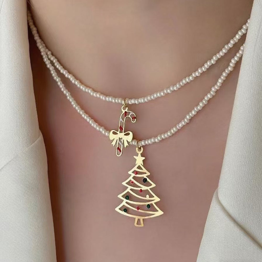 Christmas necklace wholesale fashion three-dimensional metallic candy christmas tree pendant women's high-end rice beads clavicle chain