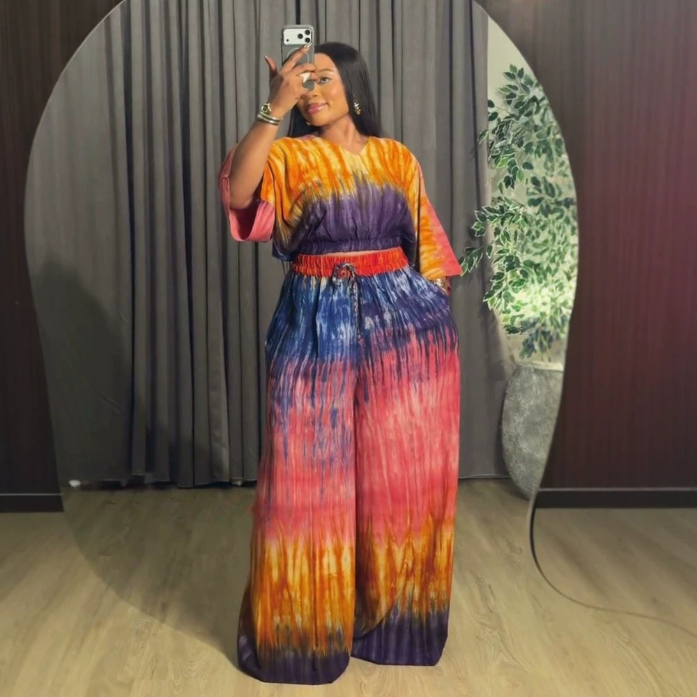 European and american cross-border african women's clothing  summer new fashion loose plus size printed v-neck top and pants set