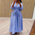 European and american cross-border women's fashion:  autumn new arrival - elegant lapel blue striped long-sleeve midi shirt dress