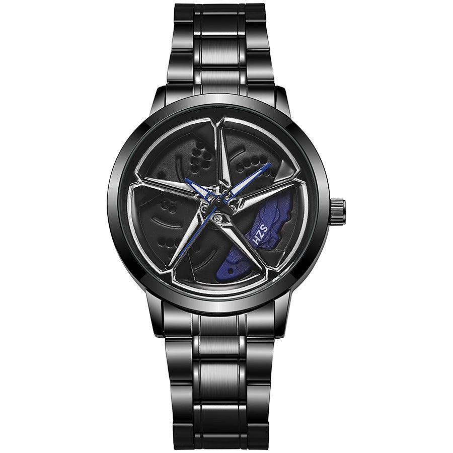 New hollow-out creative tech men's steel band watch with rotating bezel - cross-border quartz watch