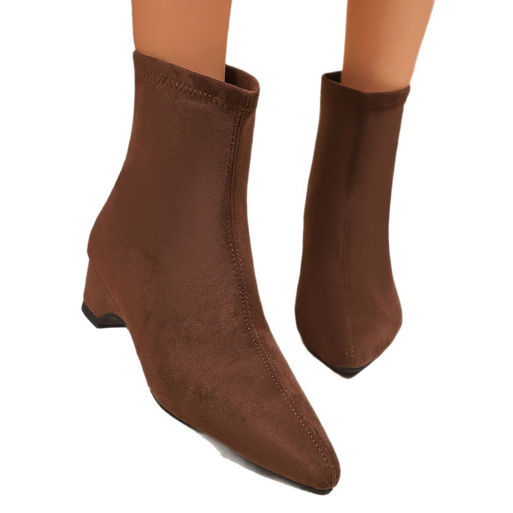Suede slimming lookretro low heel short boots autumnew arrival pointed toe export plus size thick heel slim martin boots women