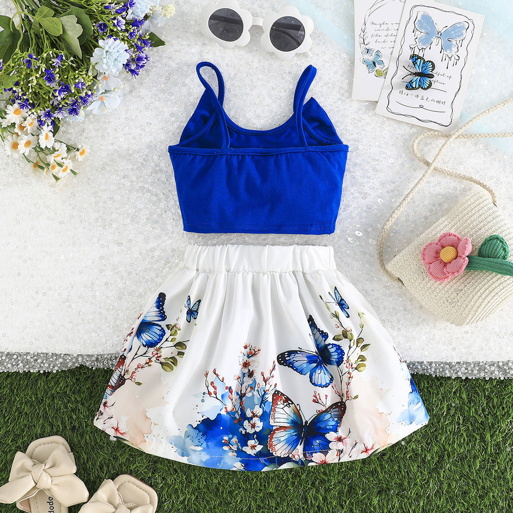 cross-border exclusive: baby girl summer dress set - blue bow suspender top + butterfly print skirt