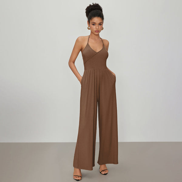 New 2024 European and American  drape knitted lace-up hanging neck, waist and thin sexy Spice Girl jumpsuit women