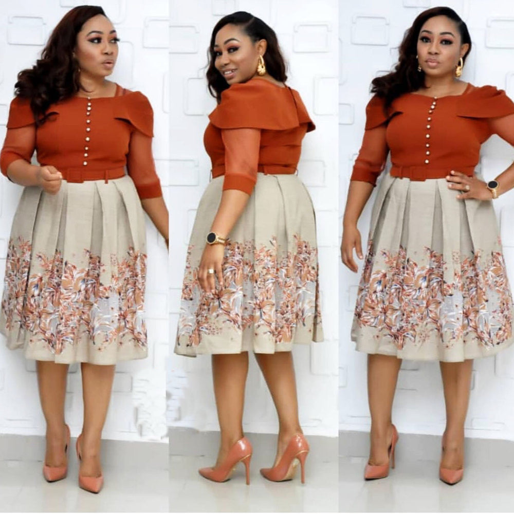 supply digital printing with pure color one-shoulder lotus leaf sleeves and waist a-line skirt with matching belt of the same color