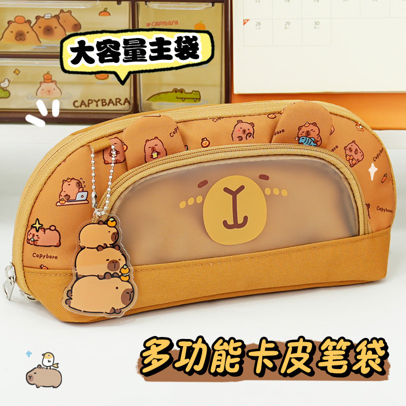 Kapibara series double zipper flip pencil case large capacity stationery case primary school pencil case high value pencil case