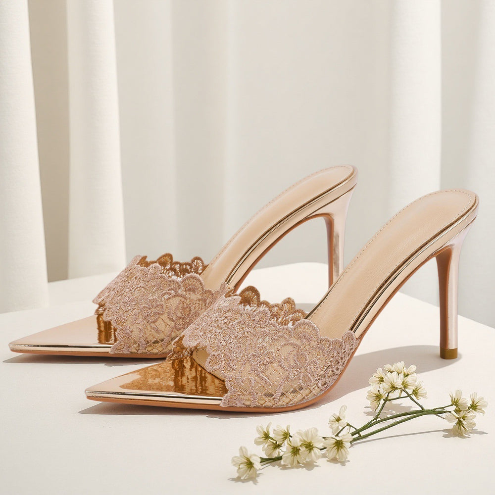 Wo huizhou city 2026 summer high heel light luxury classy lace pointed toe stiletto slippers fashion style fashion elegant