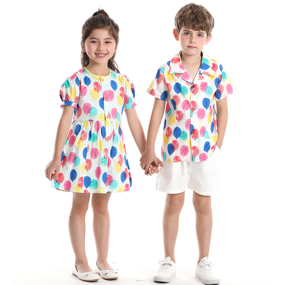 Korean style children's clothing wholesale live stream source: boys' printed cotton short-sleeve shirts and shorts, creative kids' matching family outfits for brothers and sisters