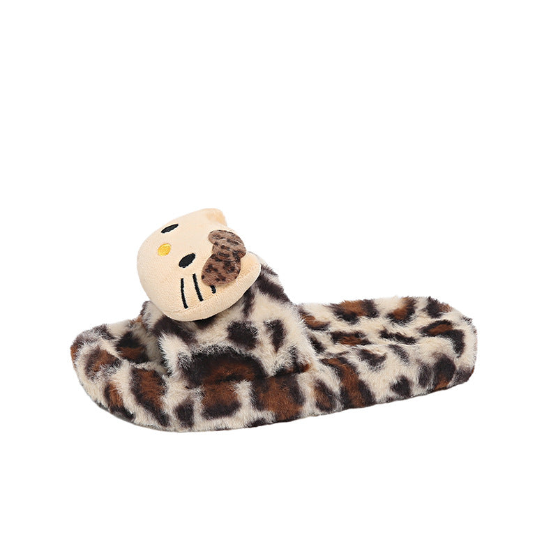 Ins super fire leopard print kt cat thick sole fur slippers for women can be worn outside fall and winter home heattechkorean stylefashion cotton slippers