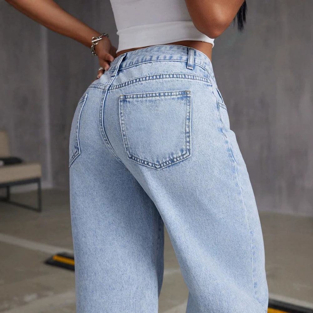 export hot-selling distressed jeans for women, light blue streetwear-style high-waisted washed denim pants